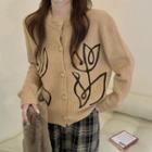 Round Neck Flower Print Cardigan Khaki - One Size