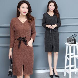 Long-sleeve V-neck Slit-front Knit Midi Dress