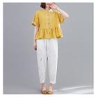 Short-sleeve Embroidered Blouse / Harem Pants / Set