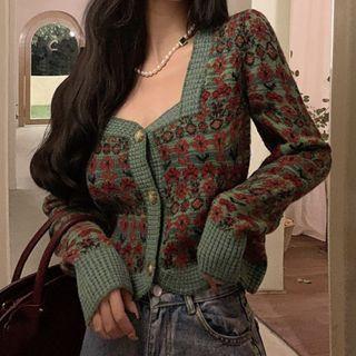 Flower Print Square-neck Cardigan Green & Reddish Brown - One Size