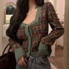 Flower Print Square-neck Cardigan Green & Reddish Brown - One Size