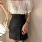 Short-sleeve Lace Blouse / Mini Fitted Skirt