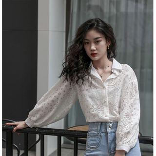 Eyelet Balloon-sleeve Shirt