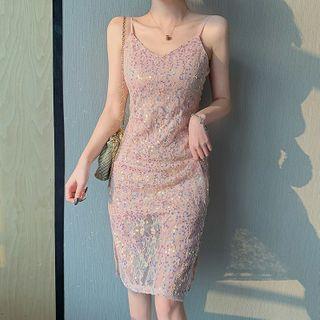Spaghetti Strap Sequined Midi Sheath Dress