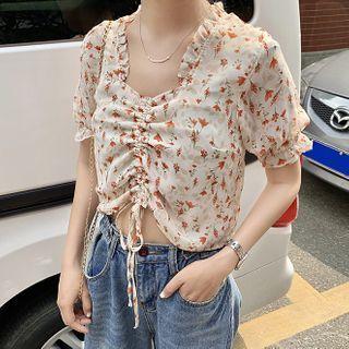 Short-sleeve Floral Drawstring Blouse Tangerine - One Size