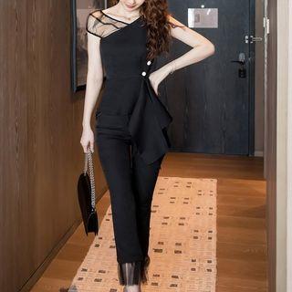 Set: Asymmetric Sleeveless Top + Mesh Panel Slim-fit Cropped Pants