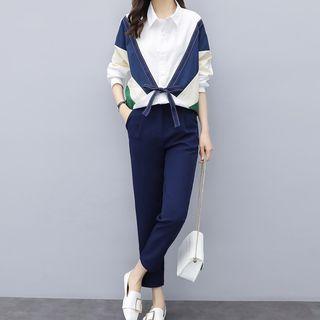 Set: Long-sleeve Color Block Shirt + Cropped Straight-cut Pants