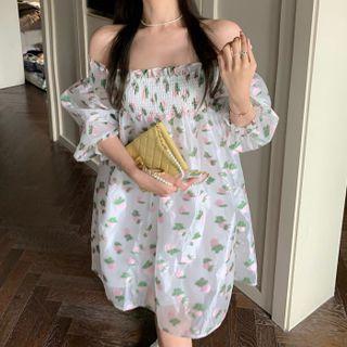 Puff-sleeve Off Shoulder Floral Chiffon Dress Floral - White - One Size