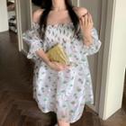 Puff-sleeve Off Shoulder Floral Chiffon Dress Floral - White - One Size