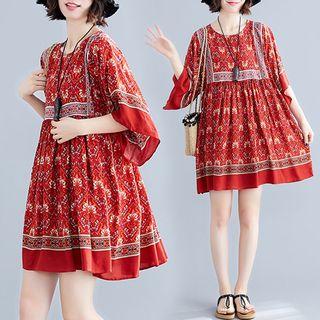 Patterned Elbow-sleeve A-line Dress Red - One Size