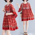 Patterned Elbow-sleeve A-line Dress Red - One Size