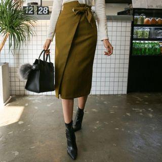 Wrap-front Midi Pencil Skirt