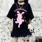 Rabbit Print Elbow-sleeve T-shirt Black - One Size