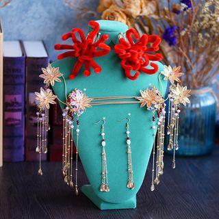 Set: Bridal Floral Hair Stick + Hair Comb + Drop Earring Gold - One Size
