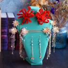 Set: Bridal Floral Hair Stick + Hair Comb + Drop Earring Gold - One Size