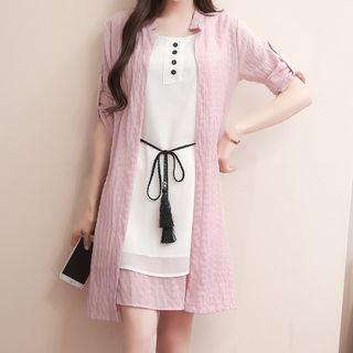 Set: Sleeveless Layered Dress + Tab-sleeve Light Jacket