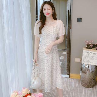 Puff-sleeve Chiffon Panel Floral Dress