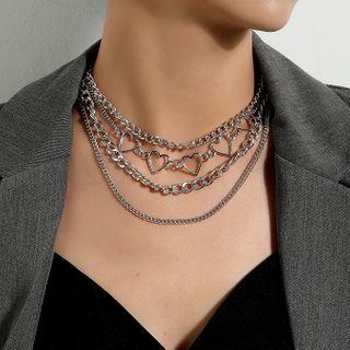 Layered Heart Chain Necklace Steel Silver - One Size