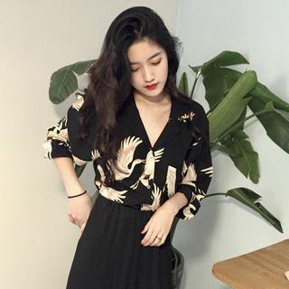V-neck Crane-print Chiffon Blouse