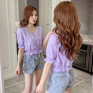 Faux Pearl Drawstring Short-sleeve Blouse