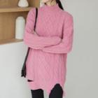 Plain Semi High-neck Cable-knit Sweater