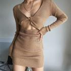 Long-sleeve Reversible Cutout Knit Mini Bodycon Dress
