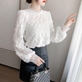 Flower Trim Round-neck Long-sleeve Blouse