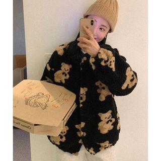 Bear Jacquard Faux Fur Coat Black - One Size