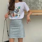 Printed Short-sleeve T-shirt / Leopard Print Mini A-line Skirt