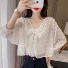 Long-sleeve Dotted Tie-front Chiffon Top