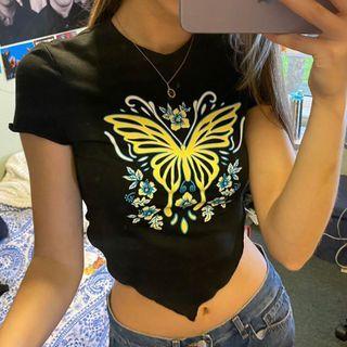 Butterfly Print Asymmetric Short-sleeve Crop Top