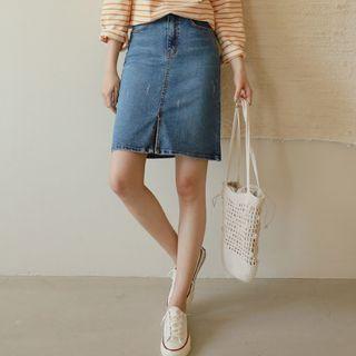 Distressed Slit-front Denim Skirt