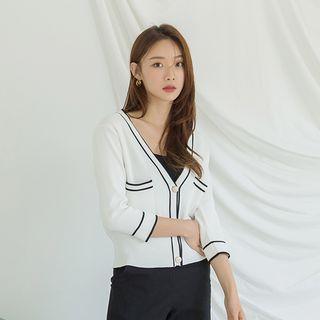 Piped Button-detail Textured Cardigan