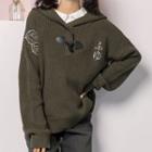 Leaf-embroidered Hooded Knit Sweater