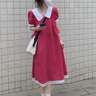 Short-sleeve Collar Plaid Midi A-line Dress Red - One Size
