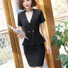 Set: V-neck Short-sleeve Blazer + Pencil Skirt