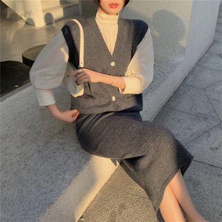 Knit Vest / 3/4-sleeve Blouse / Midi Fitted Knit Skirt