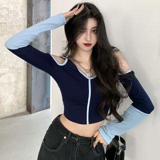Cold-shoulder Contrast Trim Crop Knit Top