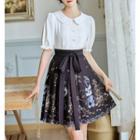 Set: Lace Panel Blouse + Pleated Mini A-line Skirt
