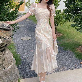 Puff-sleeve Chiffon Midi Sheath Dress