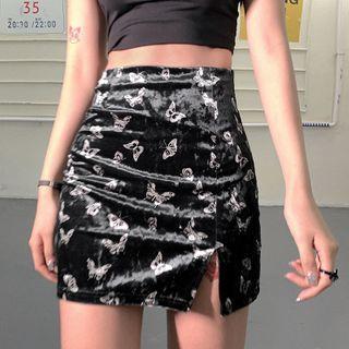 Butterfly Embroidered Velvet A-line Skirt