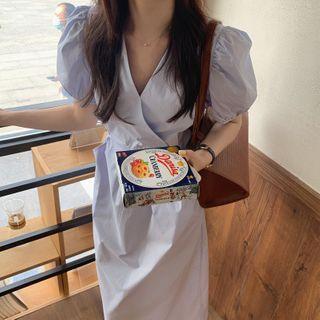 Puff-sleeve Plain Tie-waist Dress