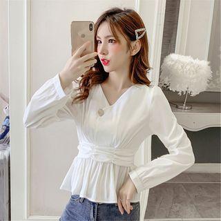 V-neck Shirred Plain Blouse