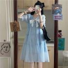 Short Sleeve Plain Bow Dress Blue - One Size