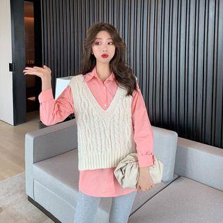 Plain Long-sleeve Shirt / V-neck Knit Vest / Plain Leggings