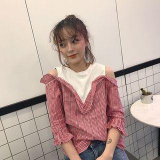 Plaid Mock Two-piece Elbow-sleeve Top