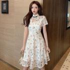 Short-sleeve Floral Print A-line Lace Qipao Dress