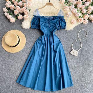 Off-shoulder Sheer Mesh Panel Dress