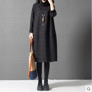Mock Neck Long-sleeve Printed Midi Dress