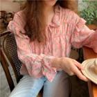 Floral Long-sleeve Loose-fit Blouse Pink - One Size